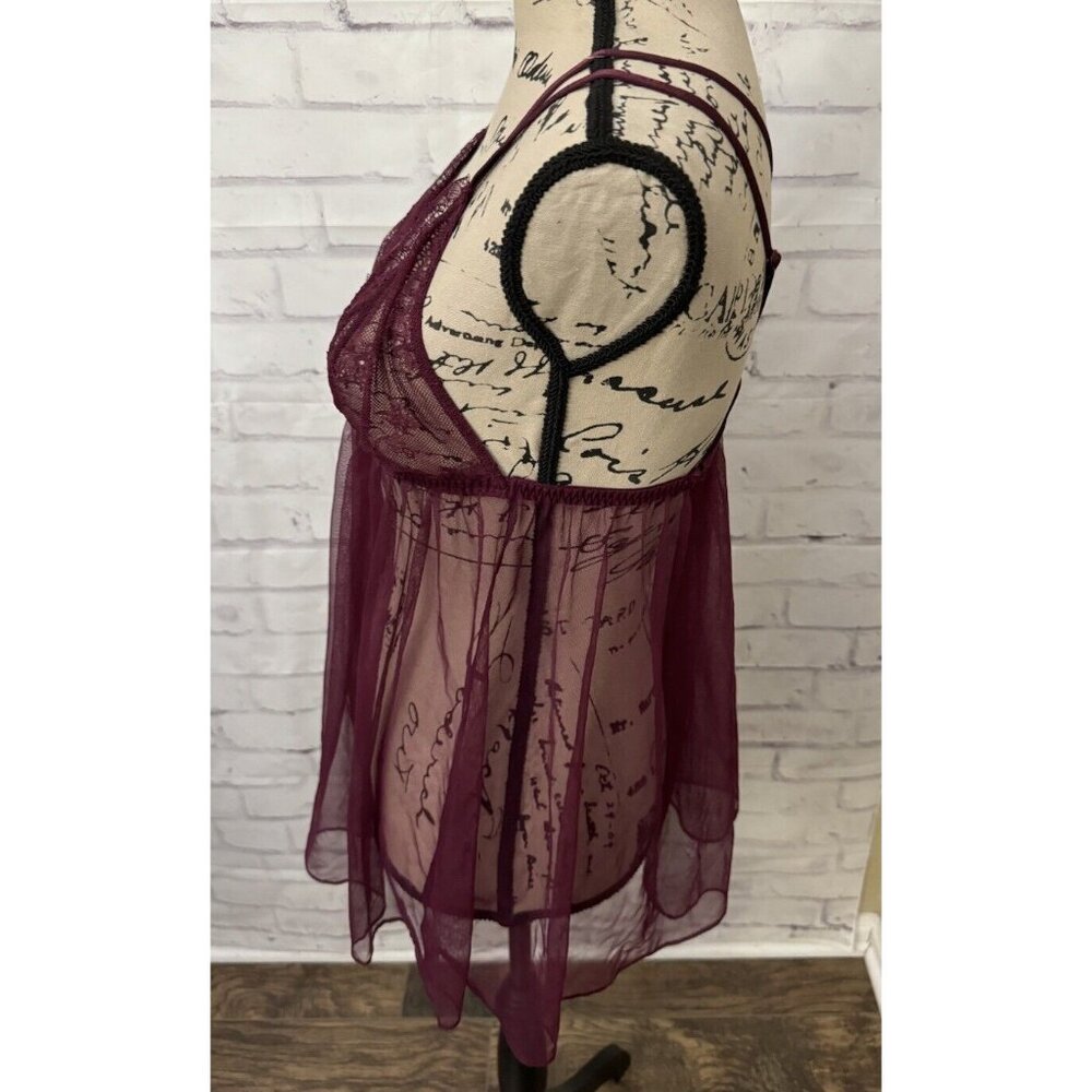 Victoria’s Secret Size Large Neglige Teddy Maroon Chiffon Sexy Lace Chemise - Picture 3 of 9